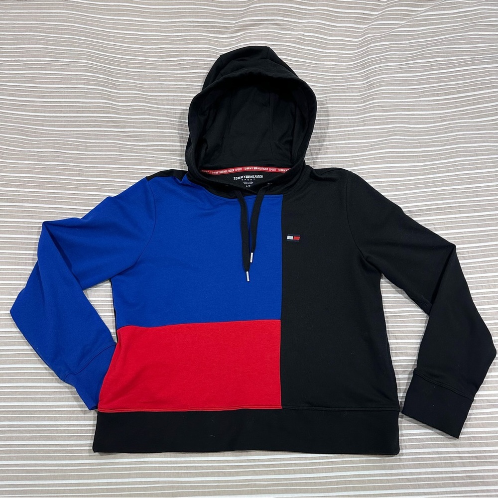 Tommy Hilfiger Sport Womens Large Navy Red Sweatshirt Fitness Hoodie Athletic
